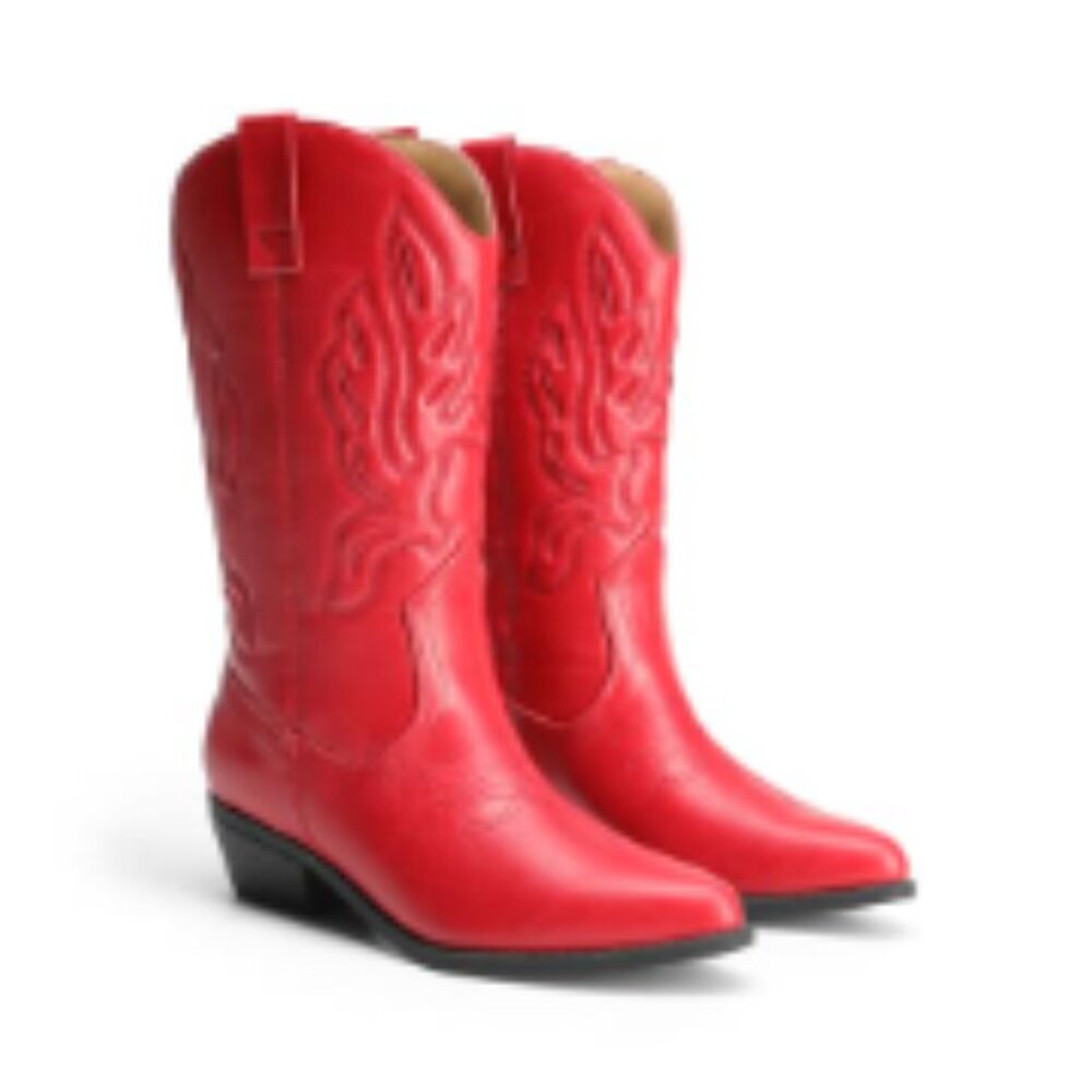 Women's Faux Leather Cowboy Boots with Embroidery Stitching - Picture 5 of 7